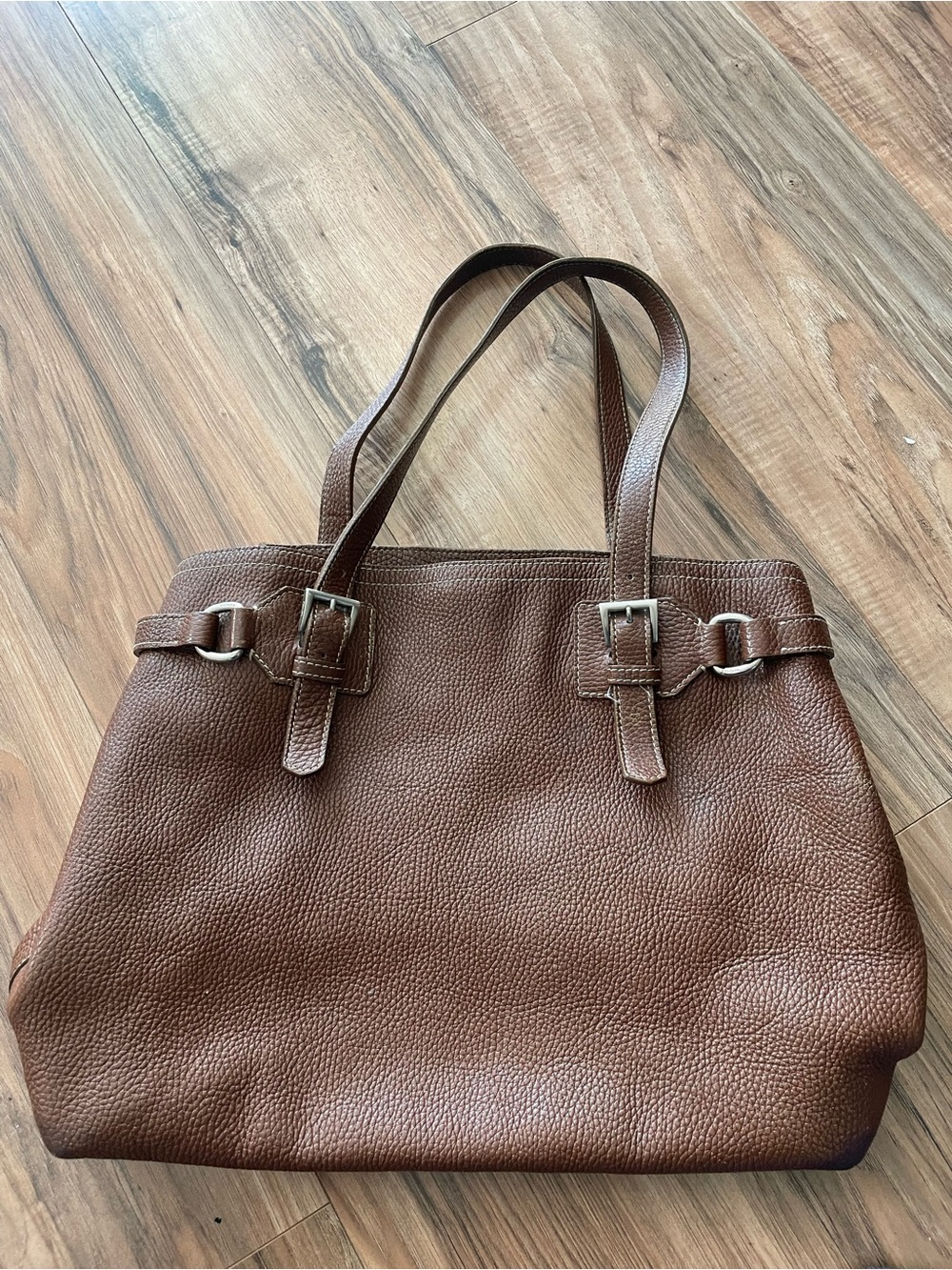 Source Unknown Brown Pebbled Leather Tote with Buckle Straps